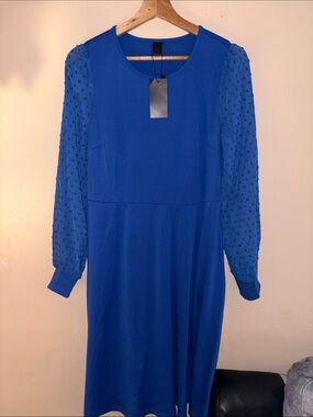 Elegant Royal Blue Long-Sleeve Midi Dress with Sheer Dot Sleeves